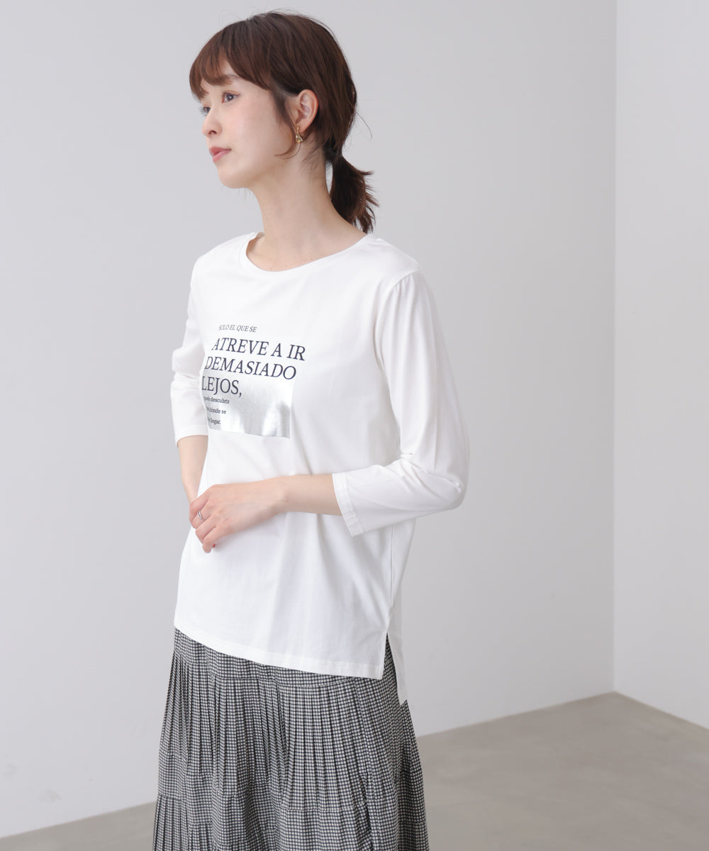 箔ロゴプリント五分袖Tシャツ