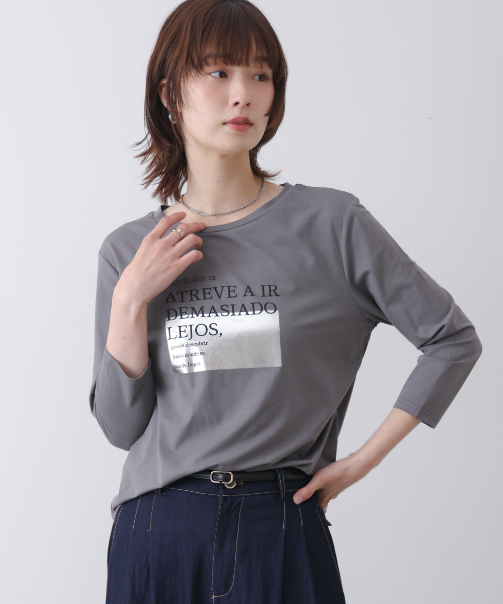 箔ロゴプリント五分袖Tシャツ