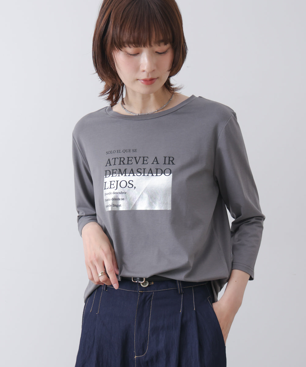 箔ロゴプリント五分袖Tシャツ