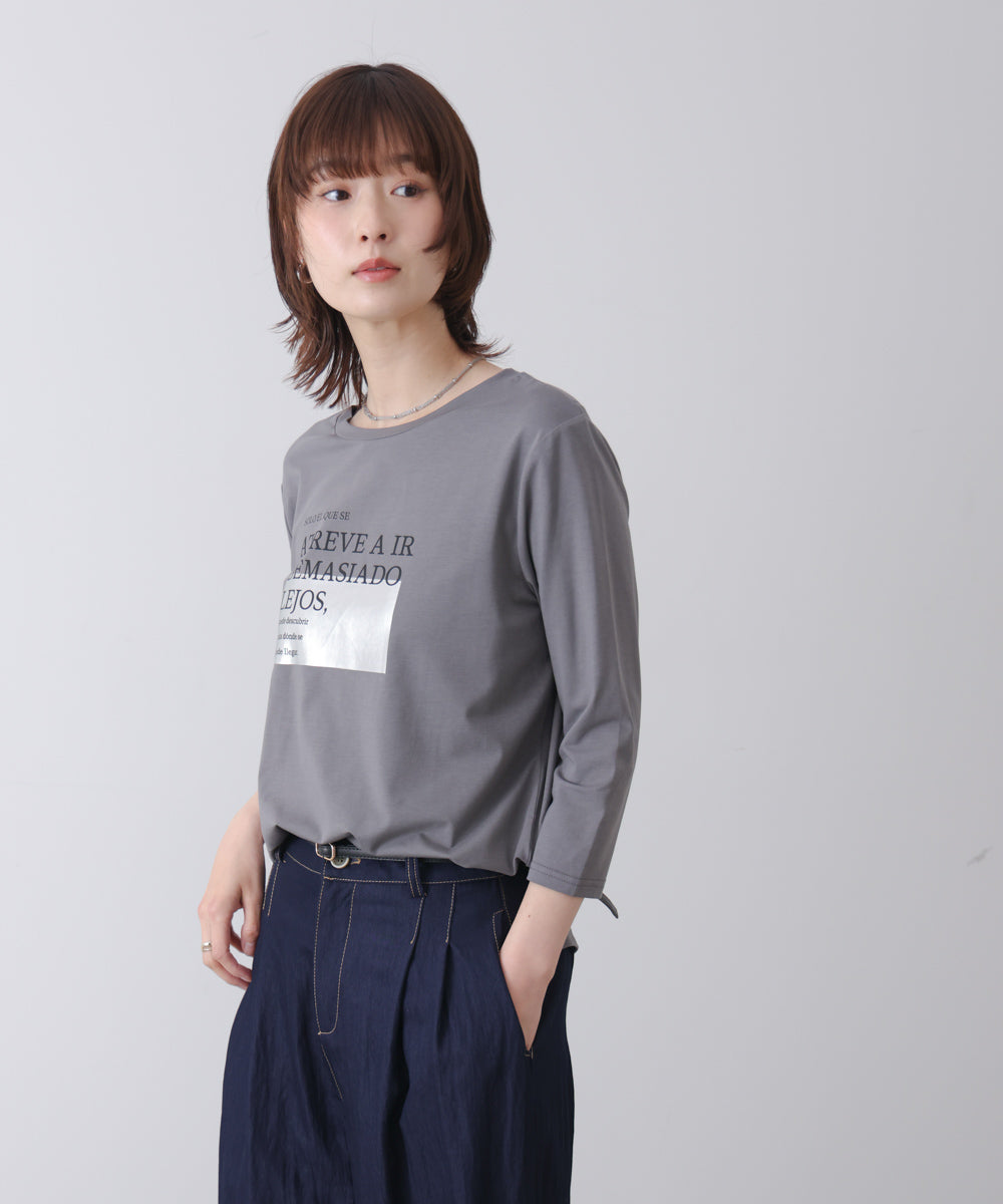 箔ロゴプリント五分袖Tシャツ