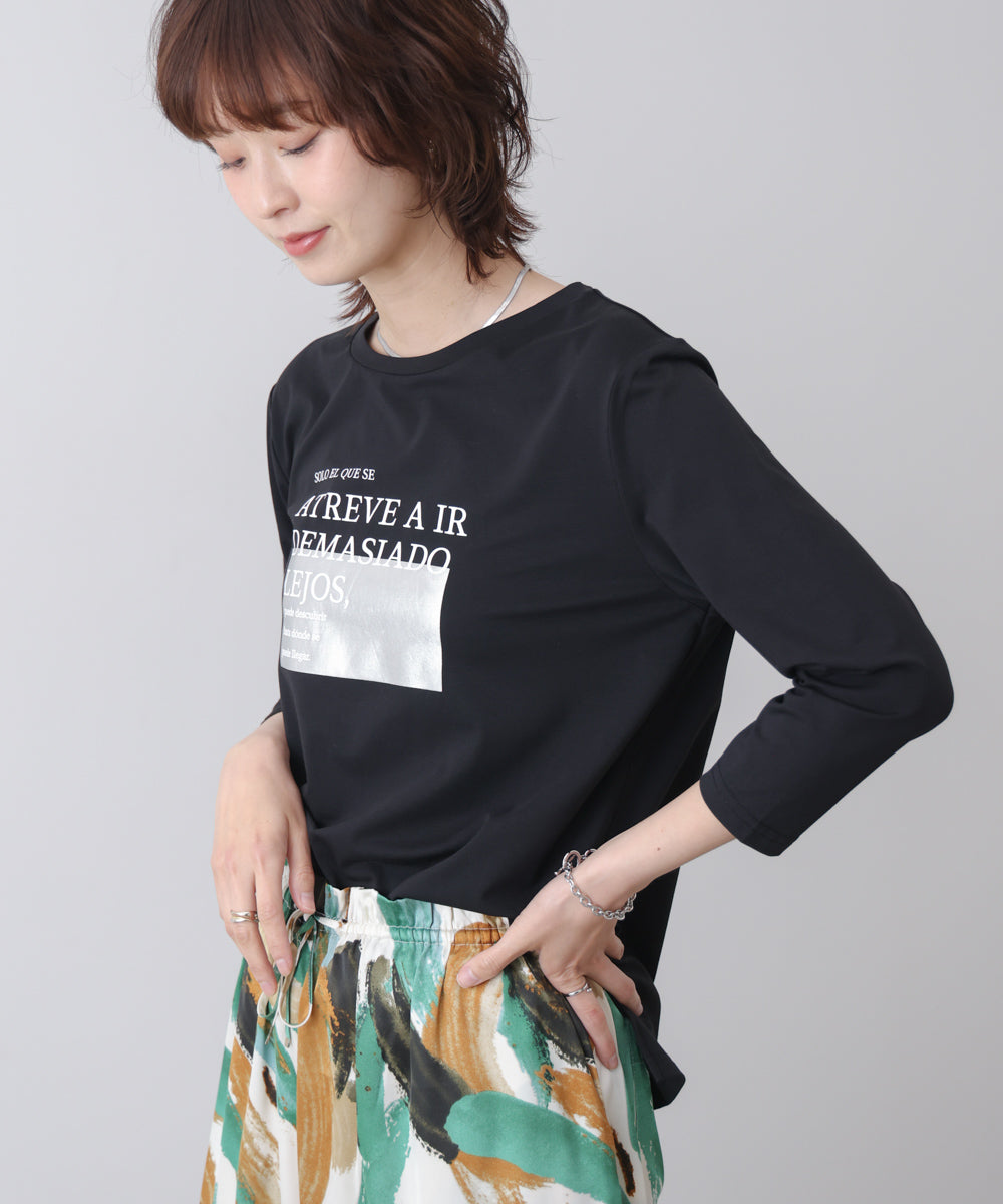 箔ロゴプリント五分袖Tシャツ