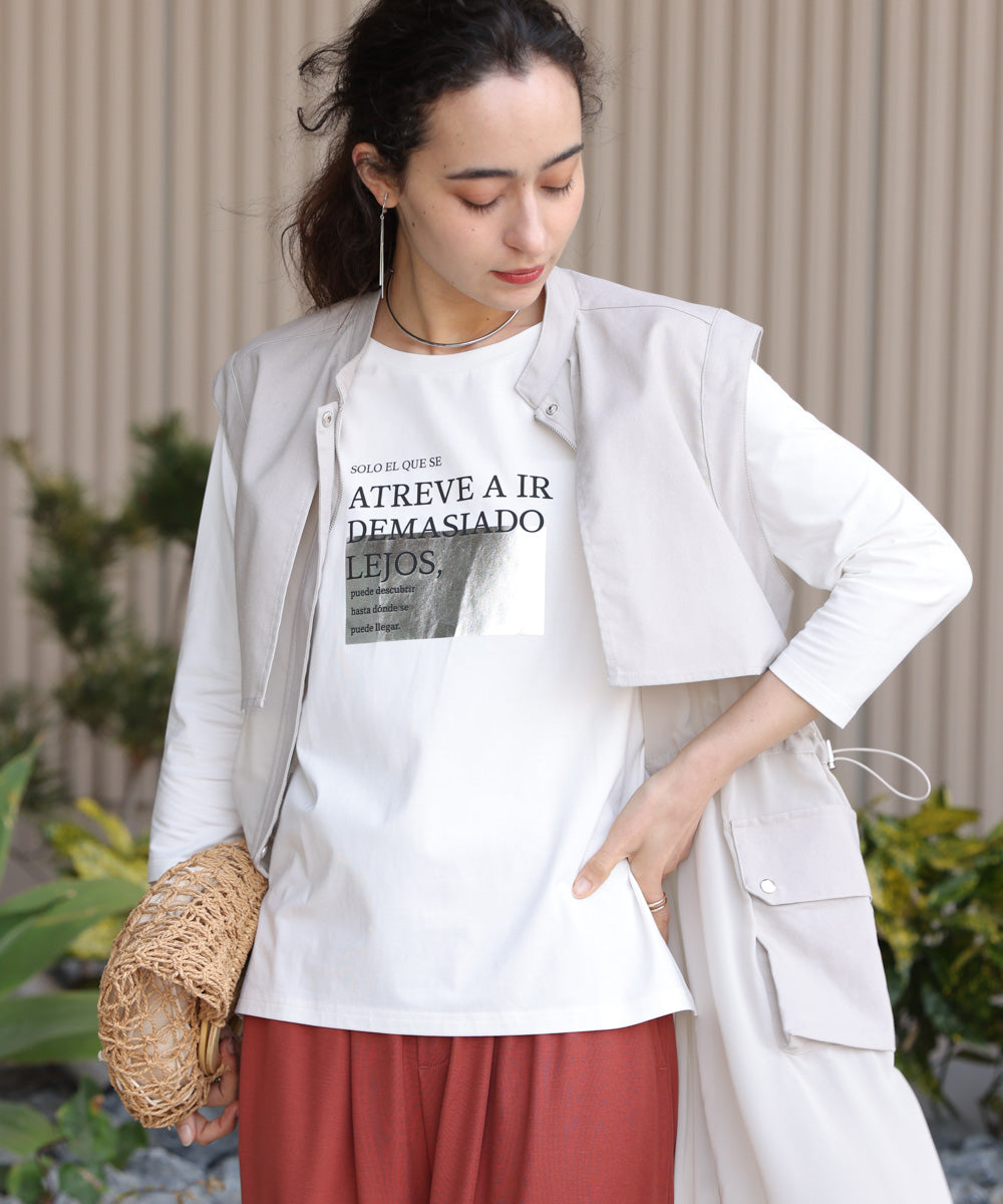 箔ロゴプリント五分袖Tシャツ
