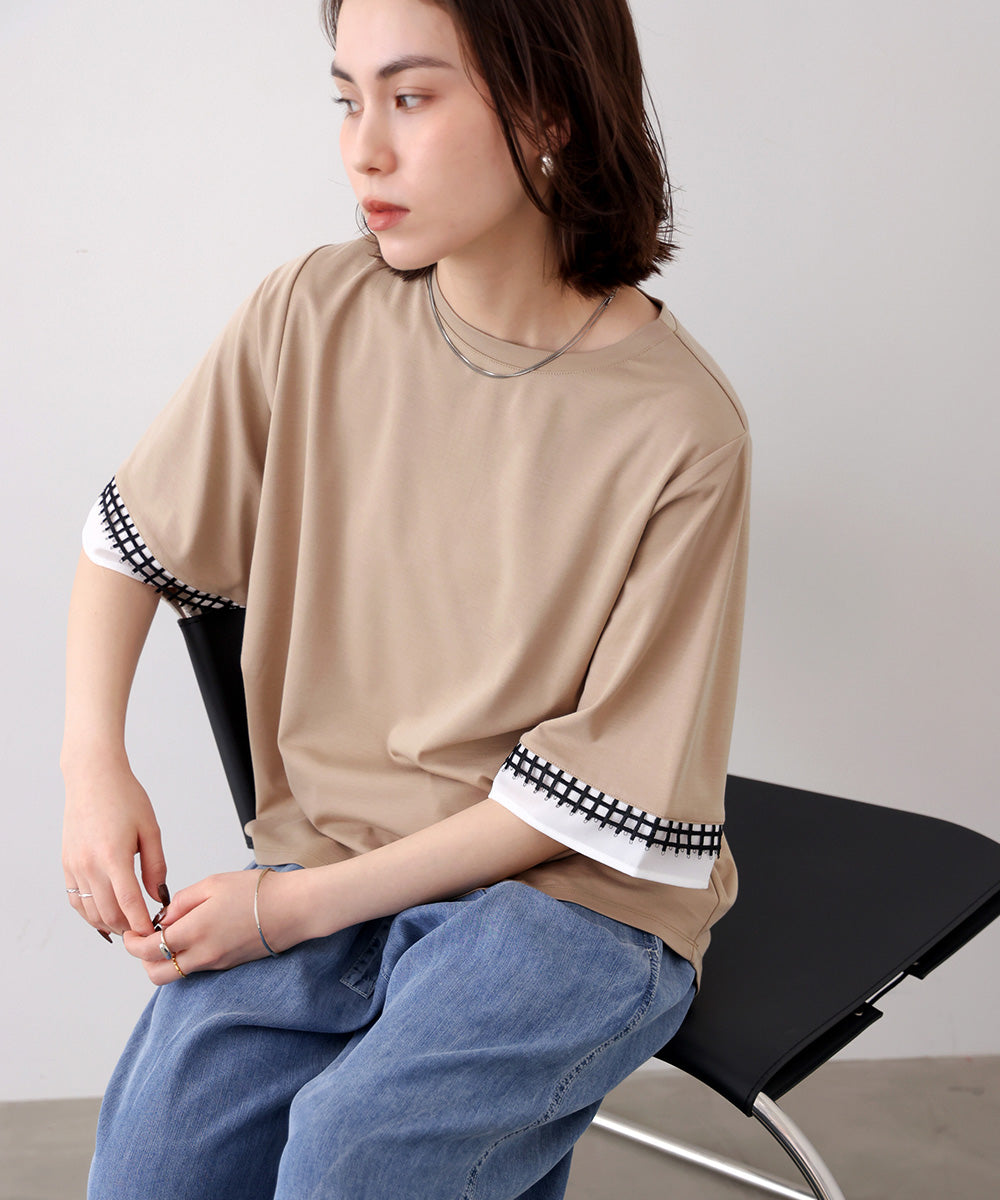 袖レースカットソー