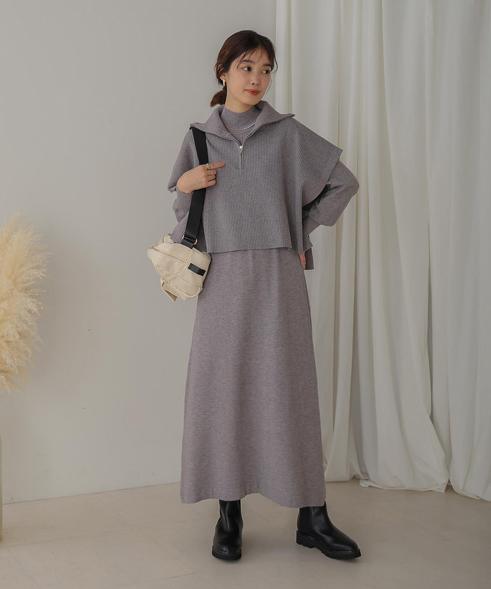 ハーフZIPトップ&ニットワンピースセット