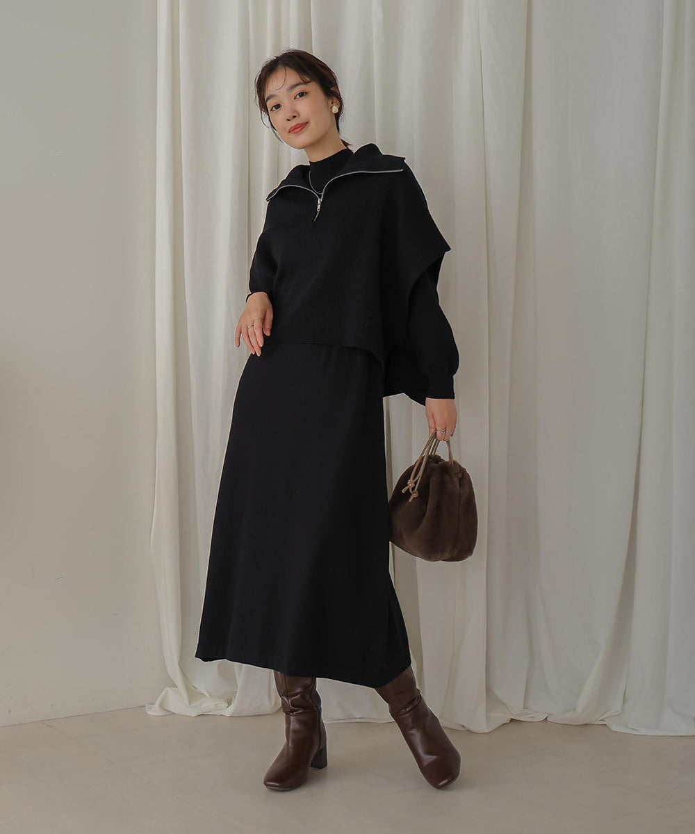 ハーフZIPトップ&ニットワンピースセット