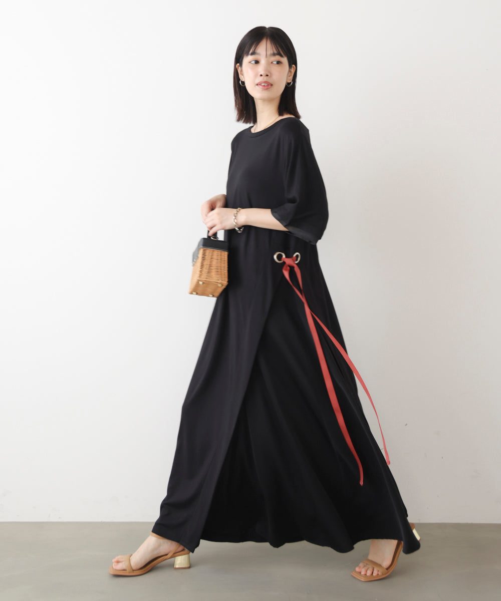 アシンメトリー異素材ドッキングワンピース