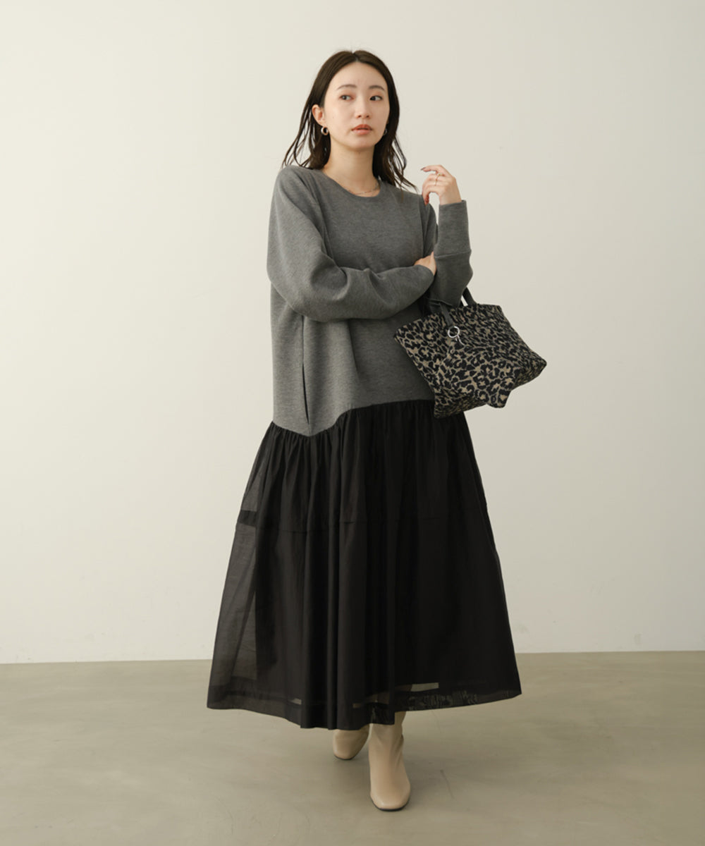 パウンドストレッチ異素材ペプラム切替ワンピース