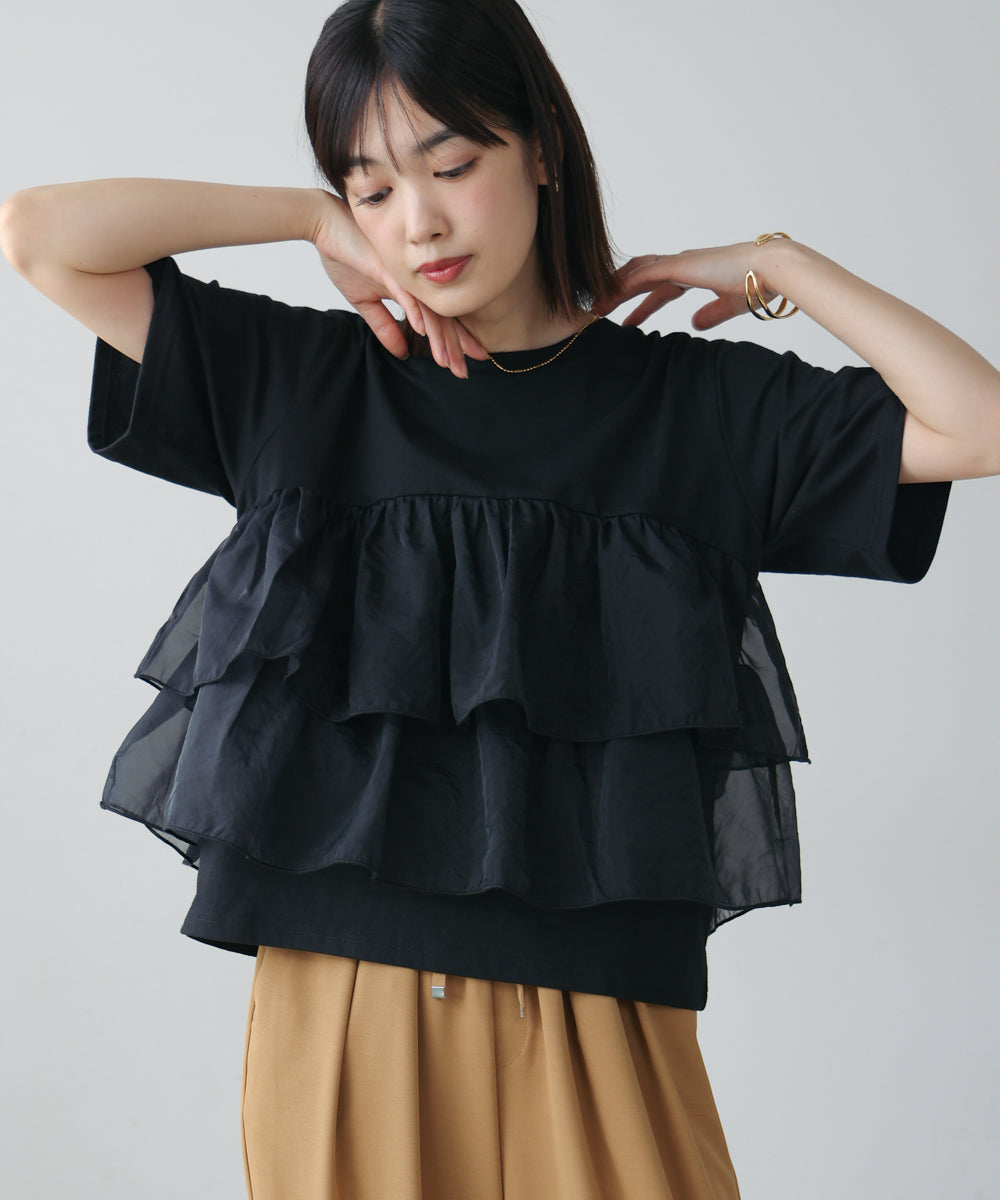 オーガンジードッキング半袖Tシャツ