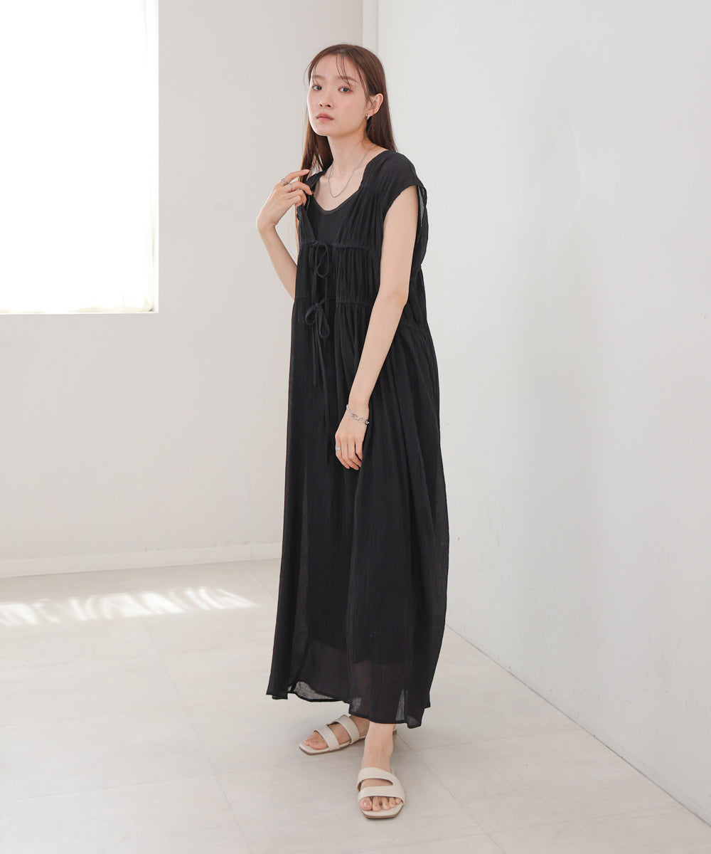【S・Mサイズ展開】Vネックギャザーリボンワンピース