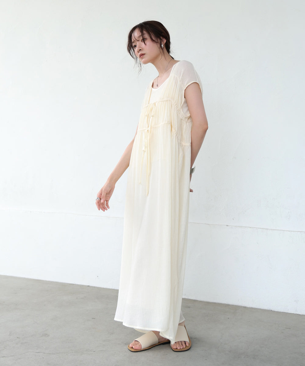 【S・Mサイズ展開】Vネックギャザーリボンワンピース