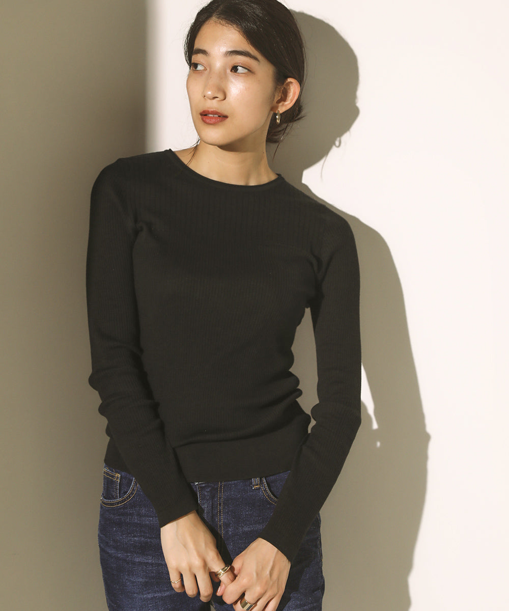 18G保湿リブ切替ラウンドプルオーバー