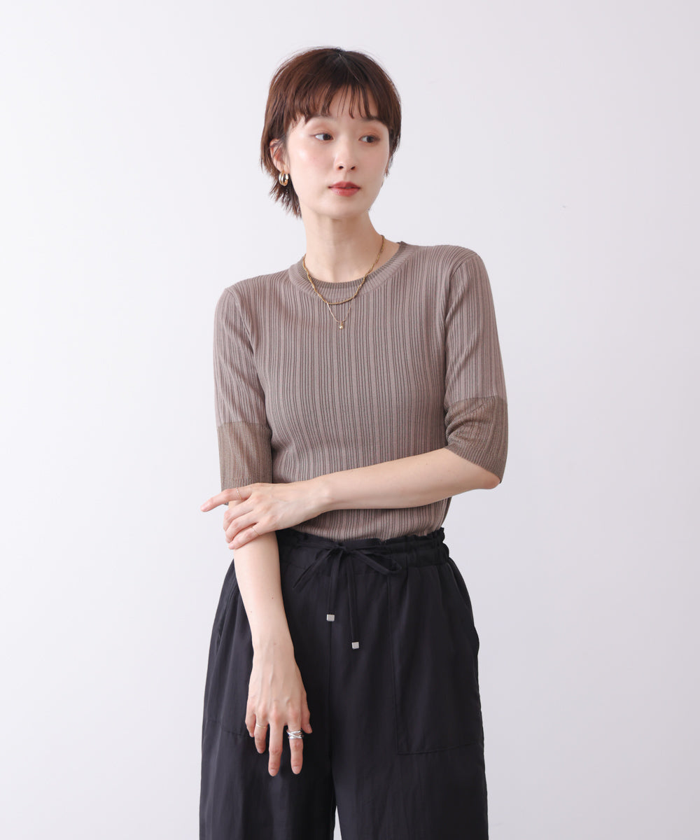ランダムリブ異素材使半袖ニット
