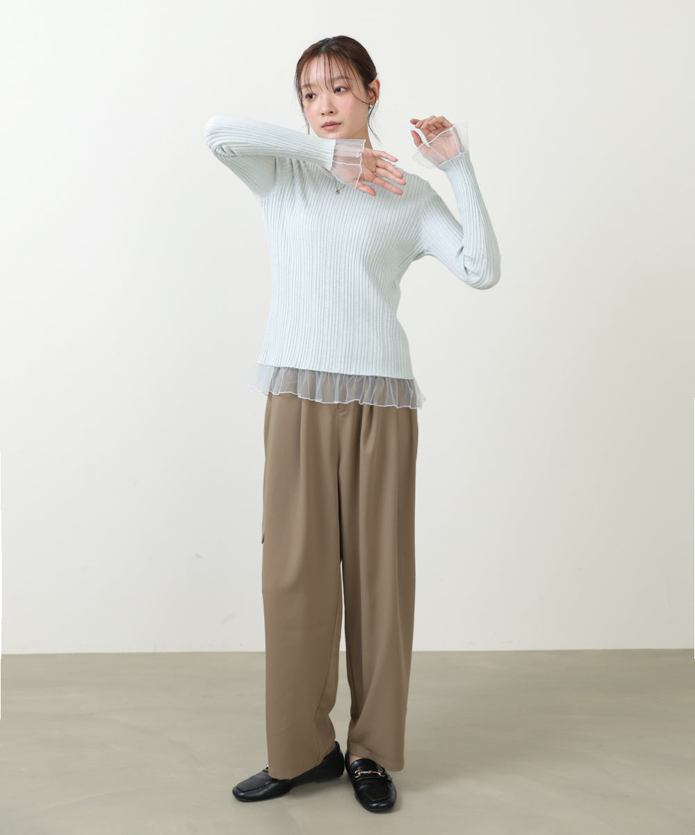 フリル切替リブニットトップス