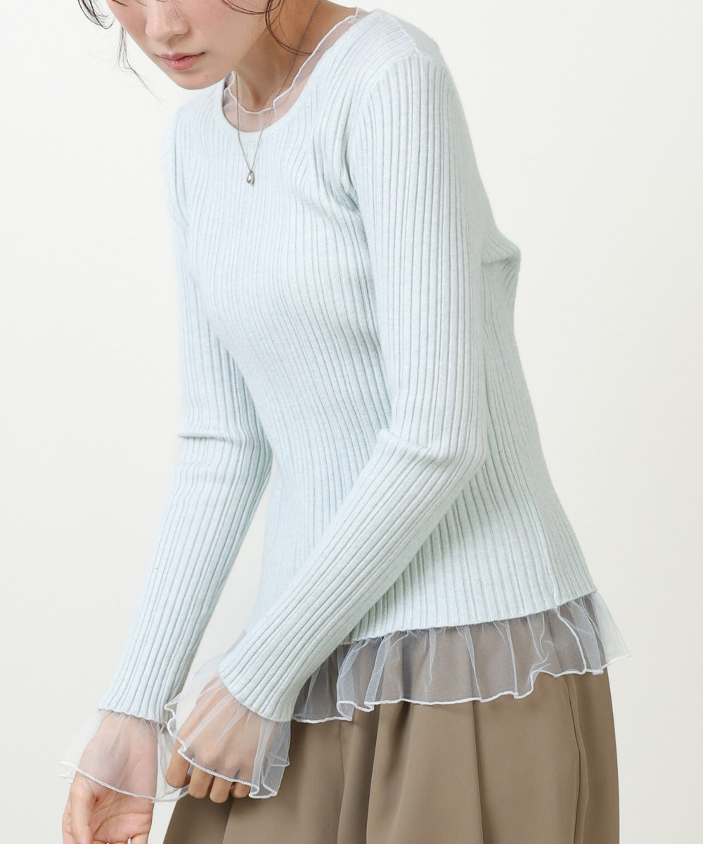フリル切替リブニットトップス