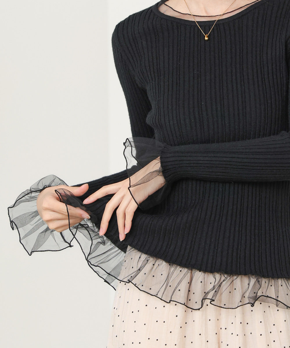 フリル切替リブニットトップス