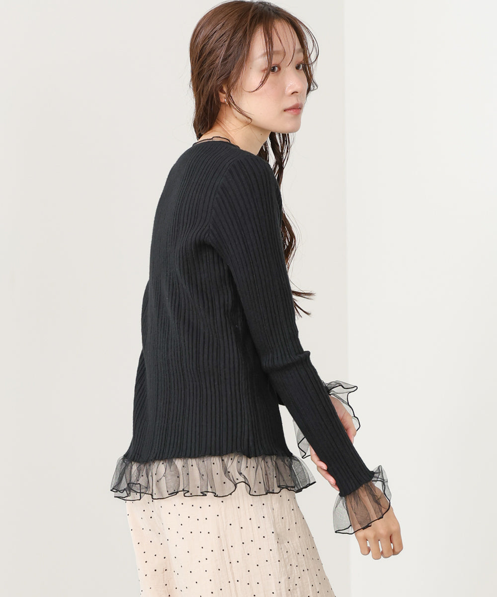 フリル切替リブニットトップス