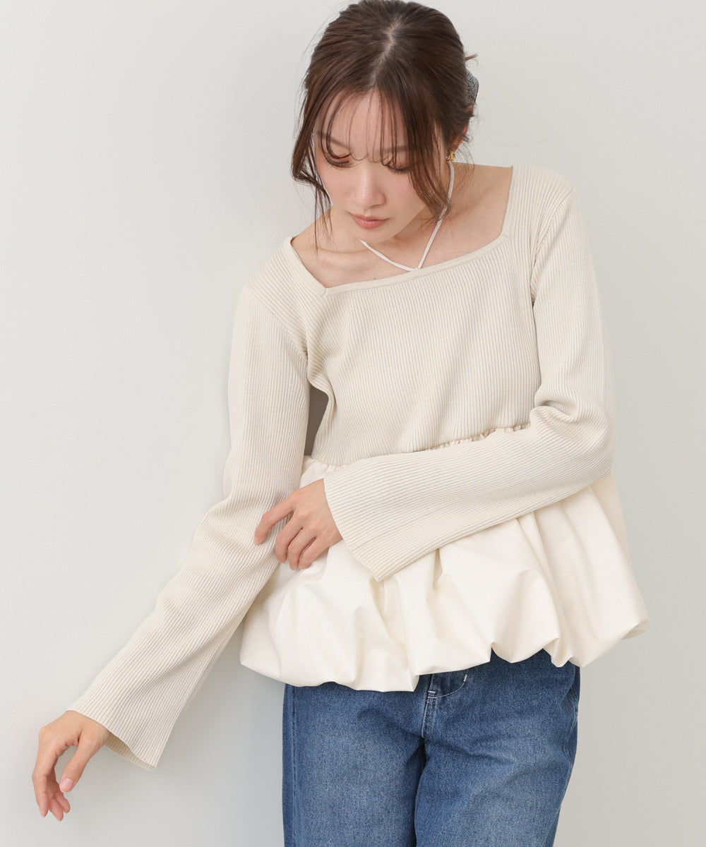 リボンネックペプラムバルーンニットトップス