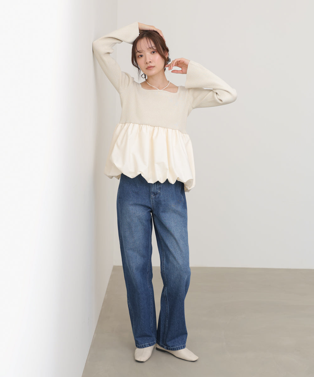 リボンネックペプラムバルーンニットトップス