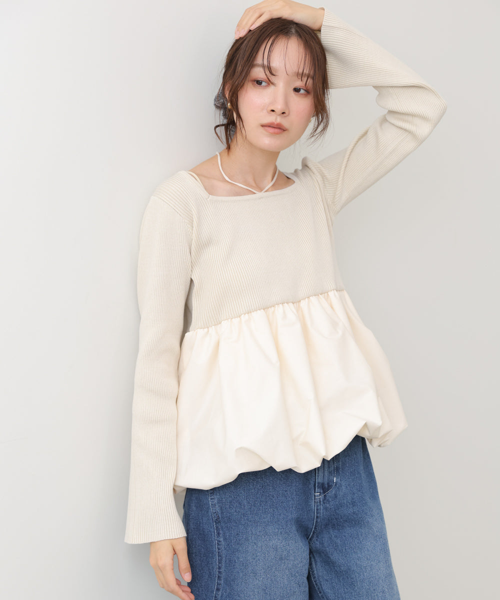 リボンネックペプラムバルーンニットトップス