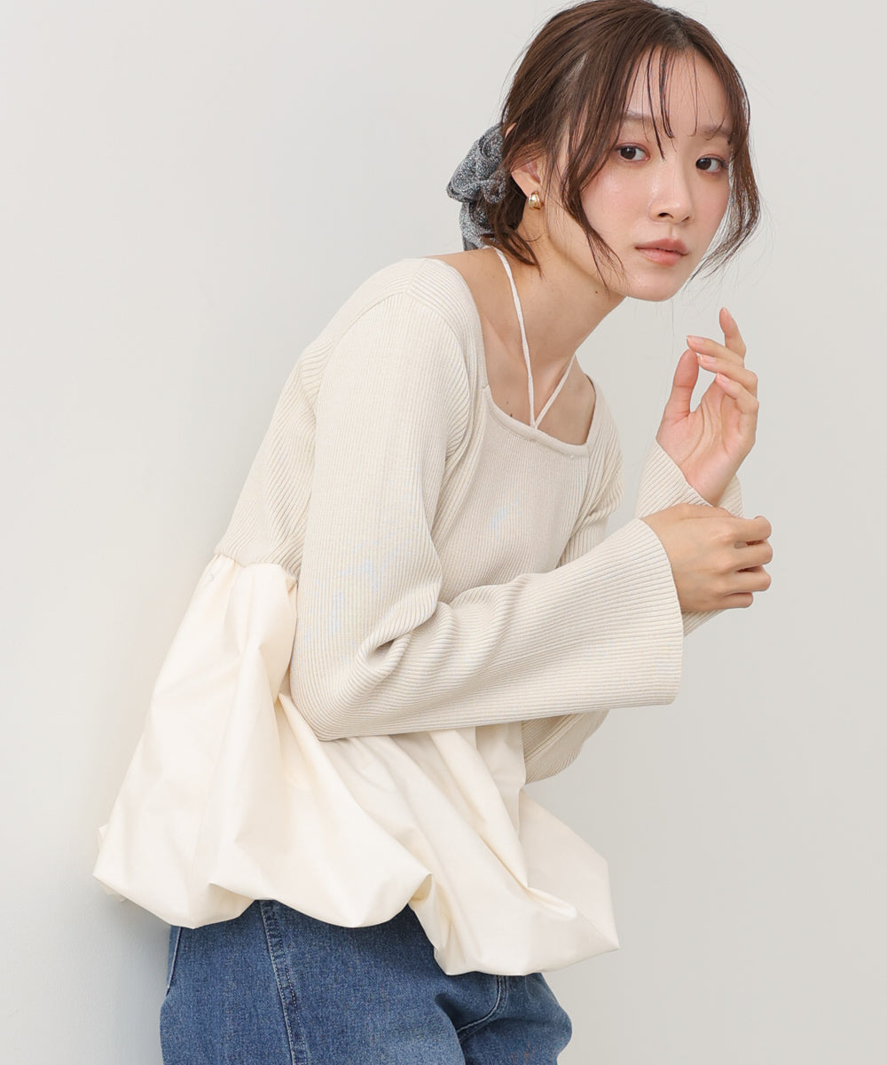リボンネックペプラムバルーンニットトップス