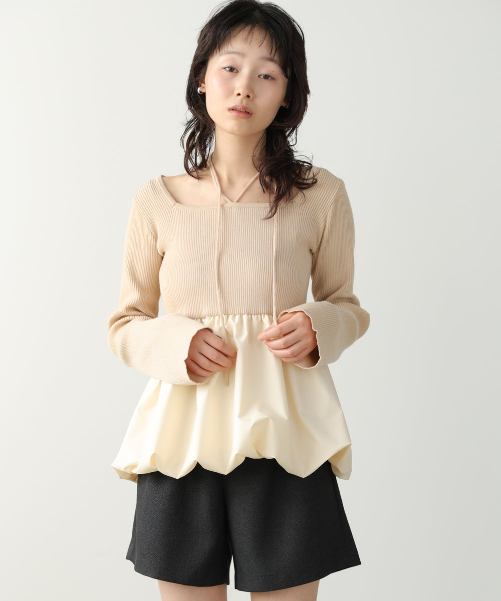 リボンネックペプラムバルーンニットトップス