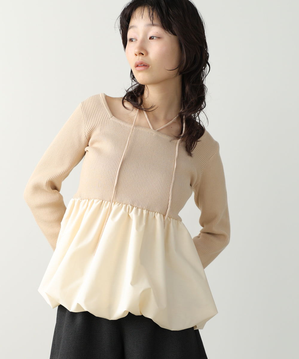リボンネックペプラムバルーンニットトップス