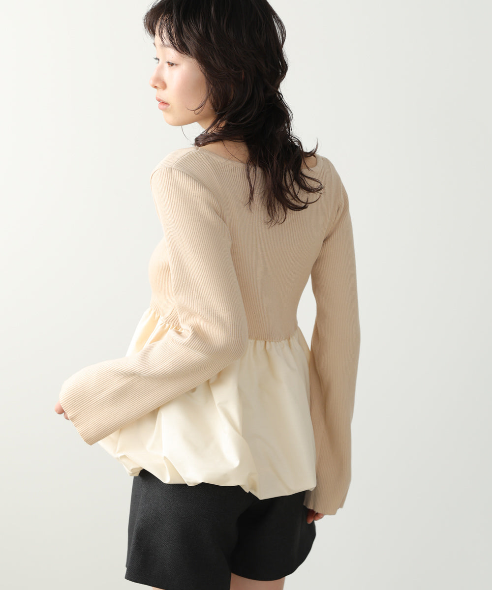 リボンネックペプラムバルーンニットトップス