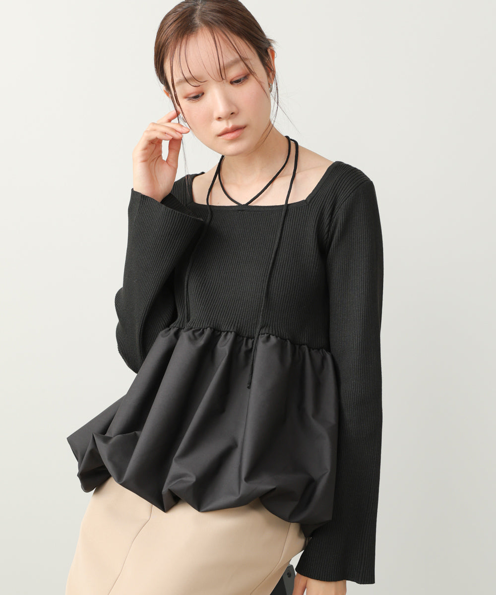 リボンネックペプラムバルーンニットトップス