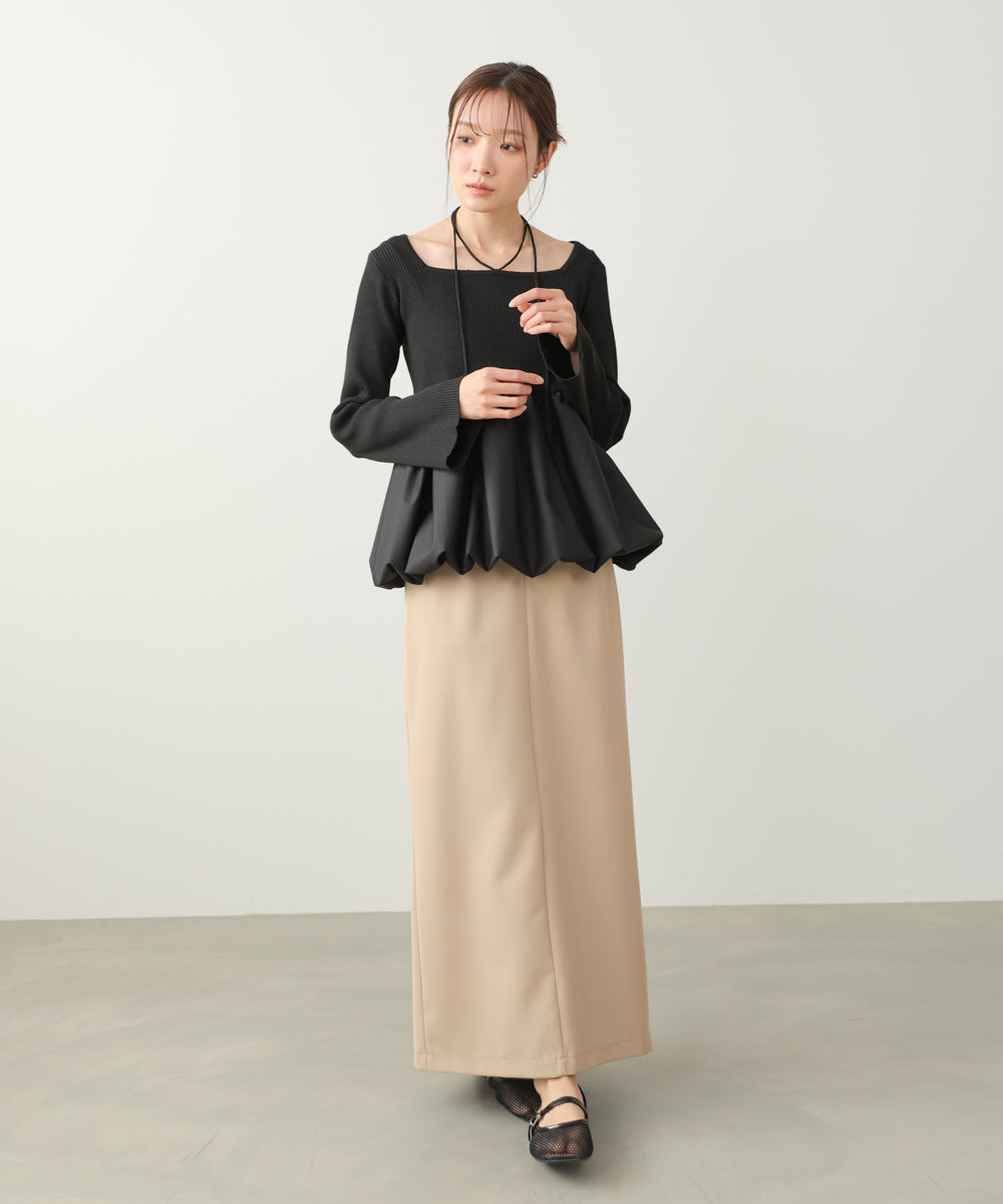 リボンネックペプラムバルーンニットトップス