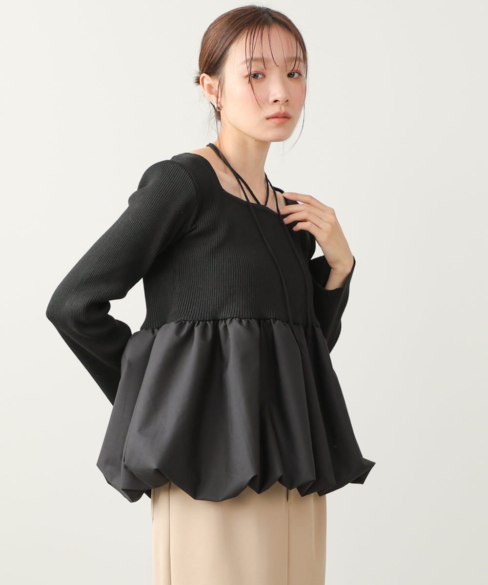 リボンネックペプラムバルーンニットトップス