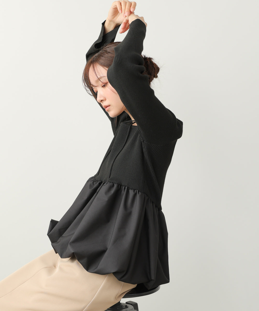 リボンネックペプラムバルーンニットトップス