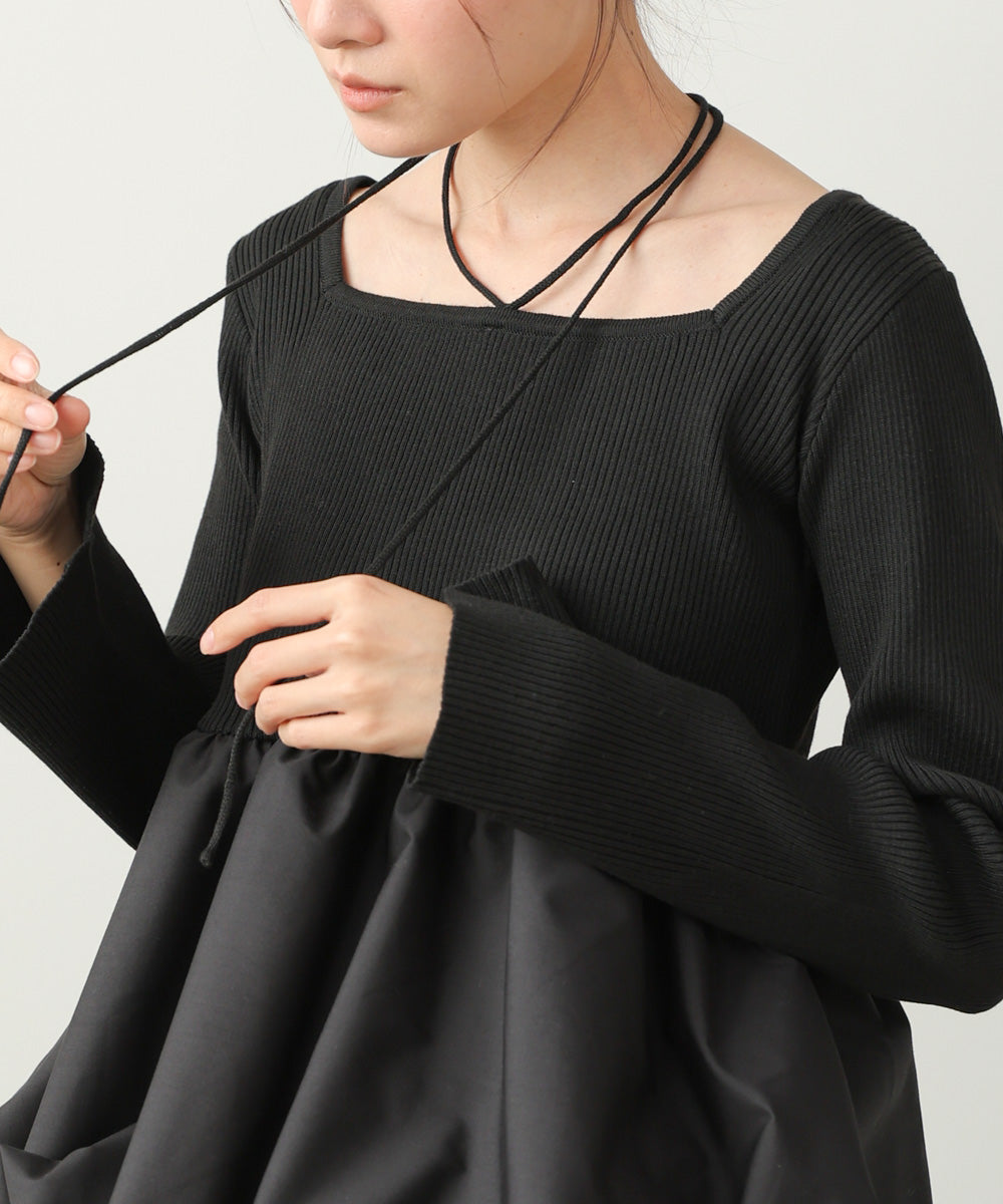 リボンネックペプラムバルーンニットトップス
