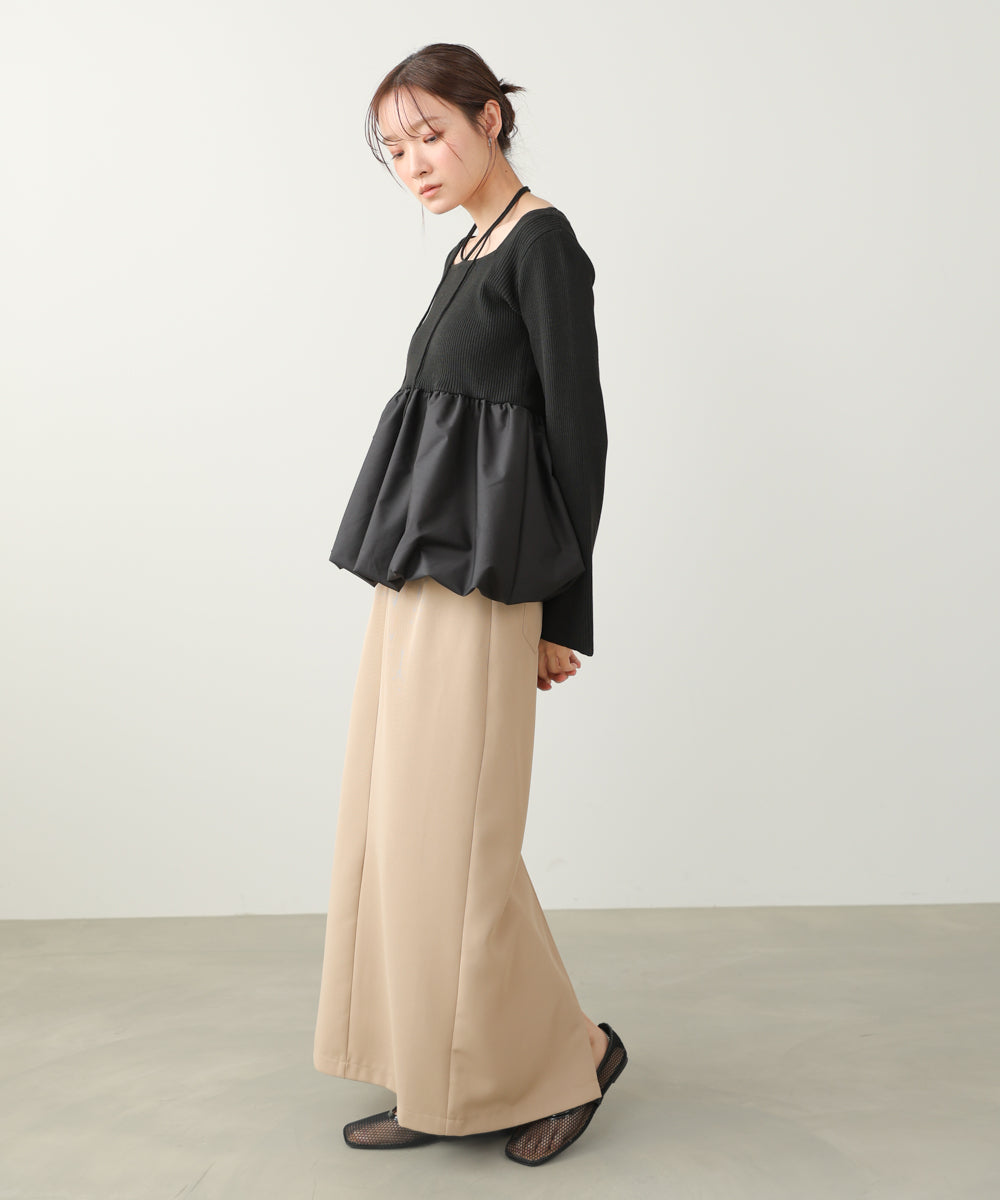 リボンネックペプラムバルーンニットトップス