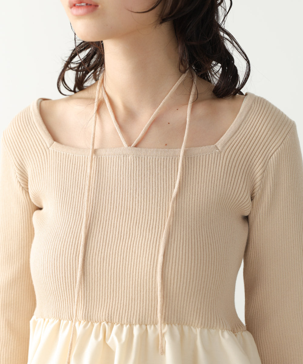 リボンネックペプラムバルーンニットトップス