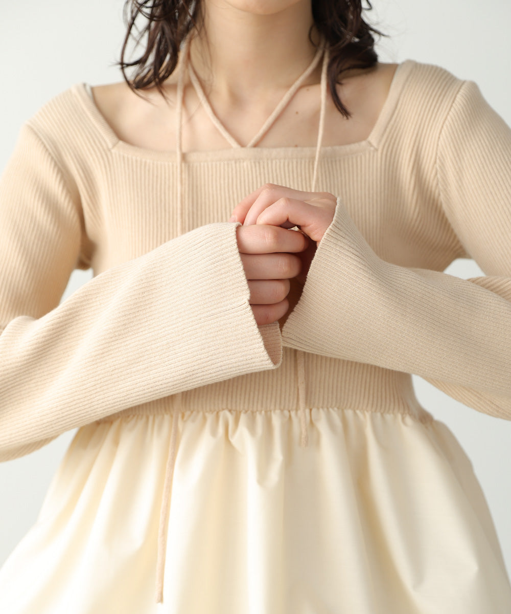 リボンネックペプラムバルーンニットトップス