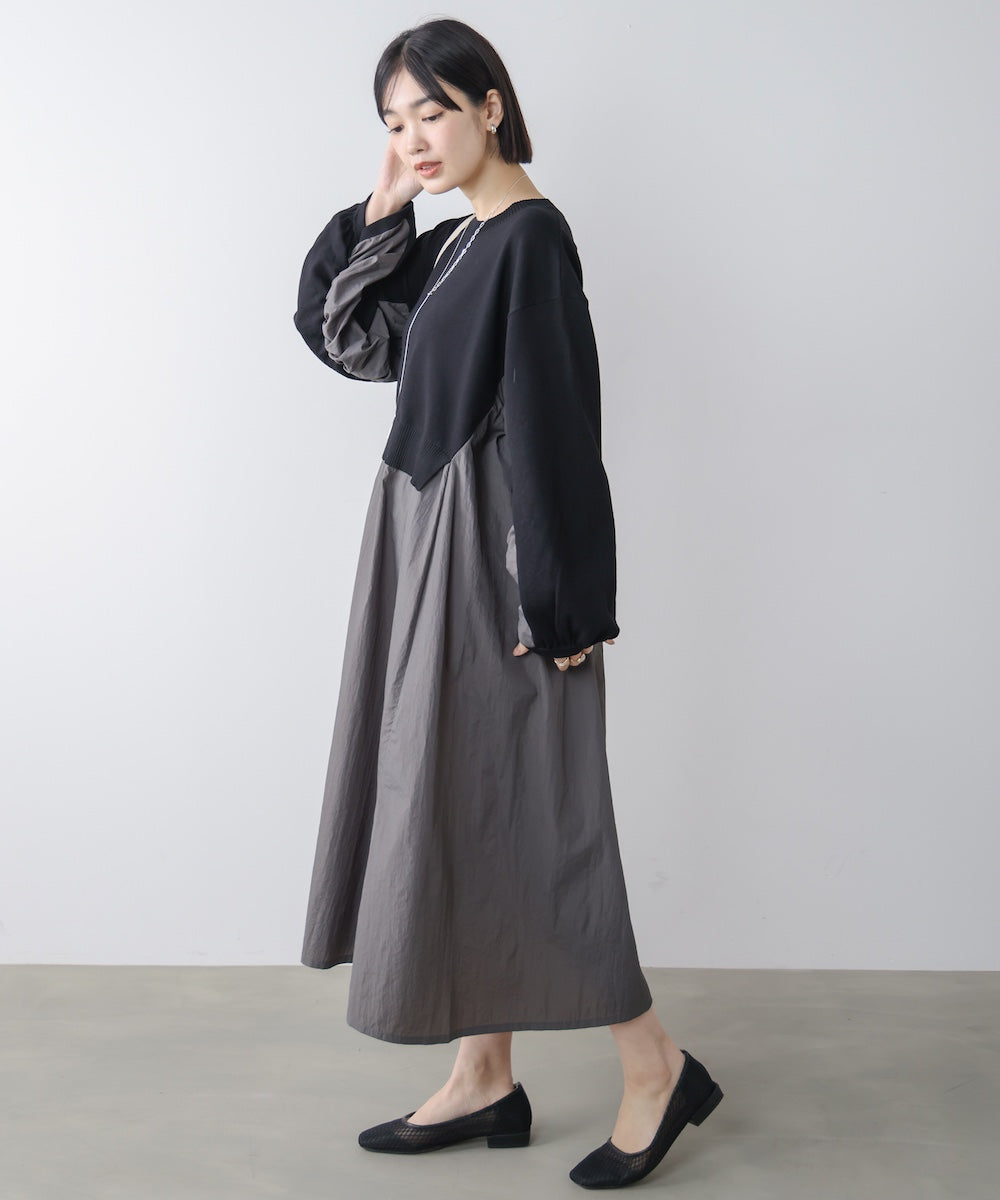 袖ギャザー布帛ドッキングニットワンピース