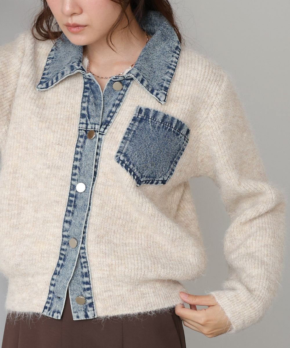 デニム切替ニットカーデ