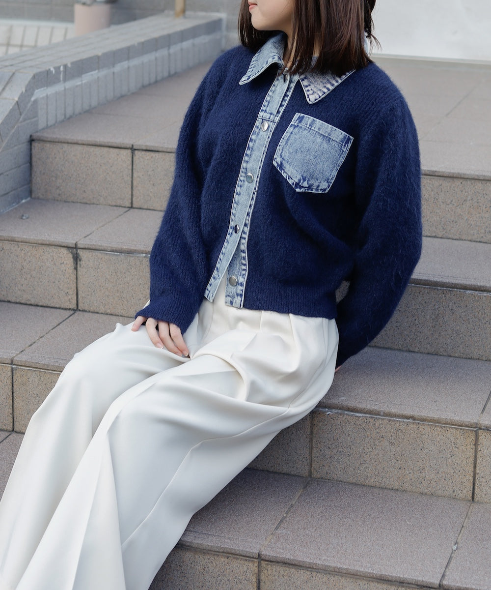 デニム切替ニットカーデ