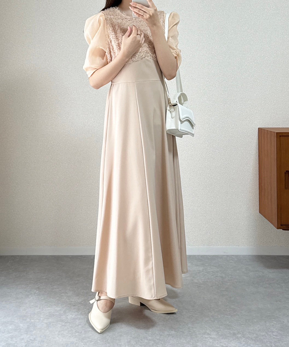【オケージョンドレス/結婚式/2サイズ展開/SET ITEM/インナー付き/裏地付き】シャギー切替フレアーラインワンピース