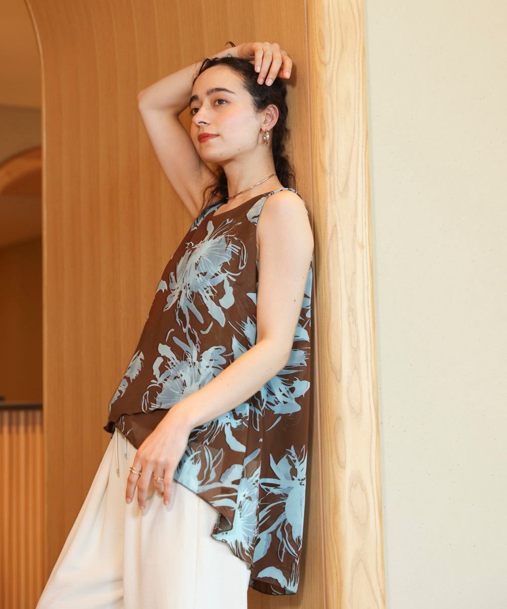 柄シフォンレイヤードタンク