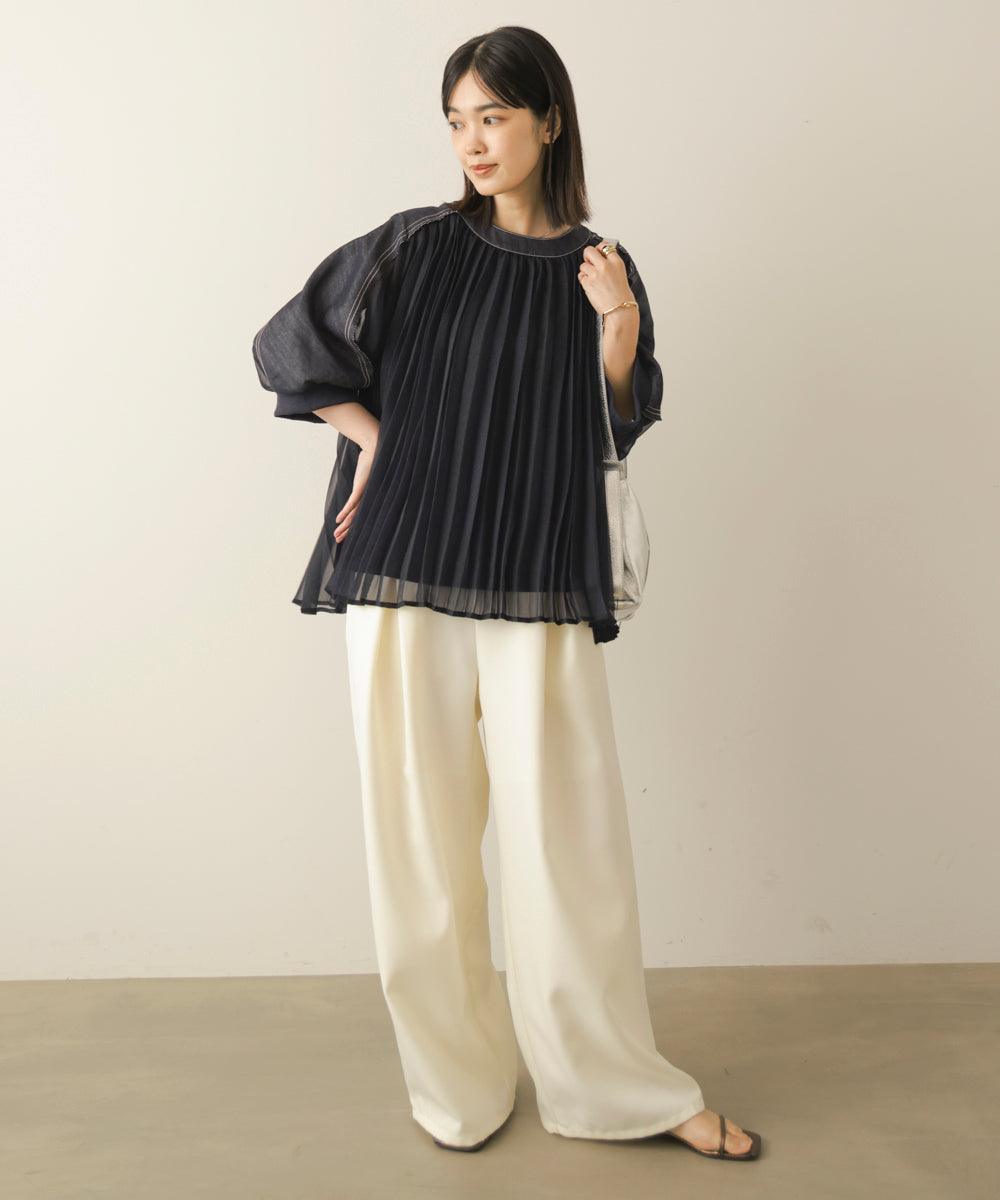 デニムシアープリーツブラウス