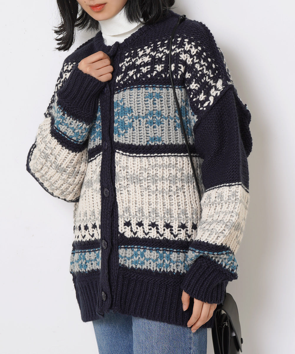 LUPILIEN JQ編みノルディック柄カーディガン