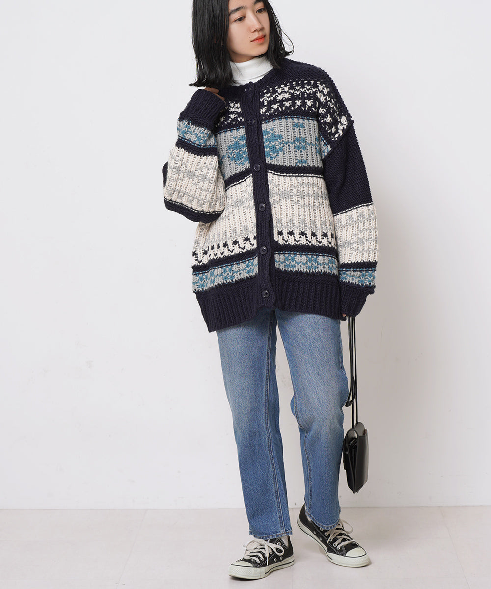 LUPILIEN JQ編みノルディック柄カーディガン