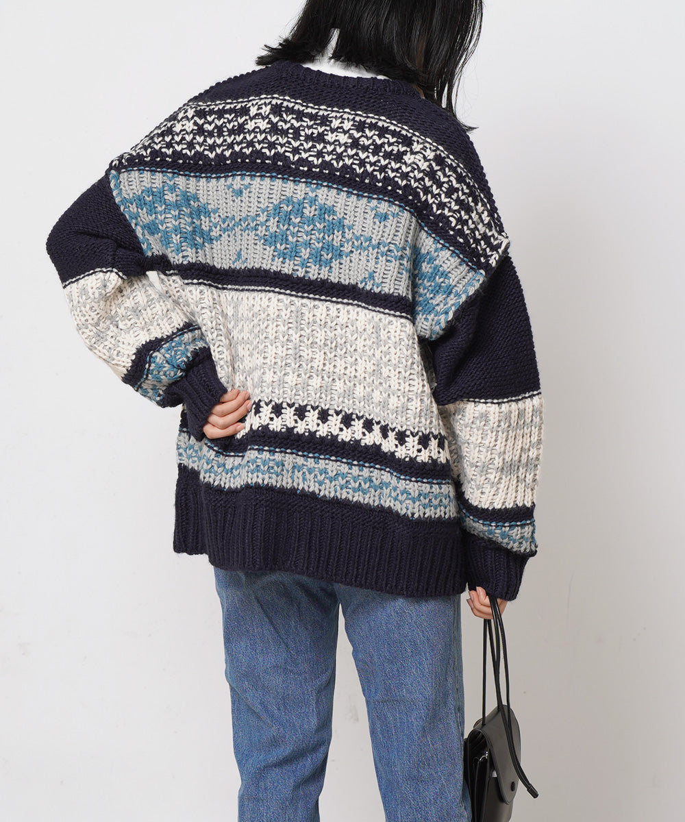 LUPILIEN JQ編みノルディック柄カーディガン