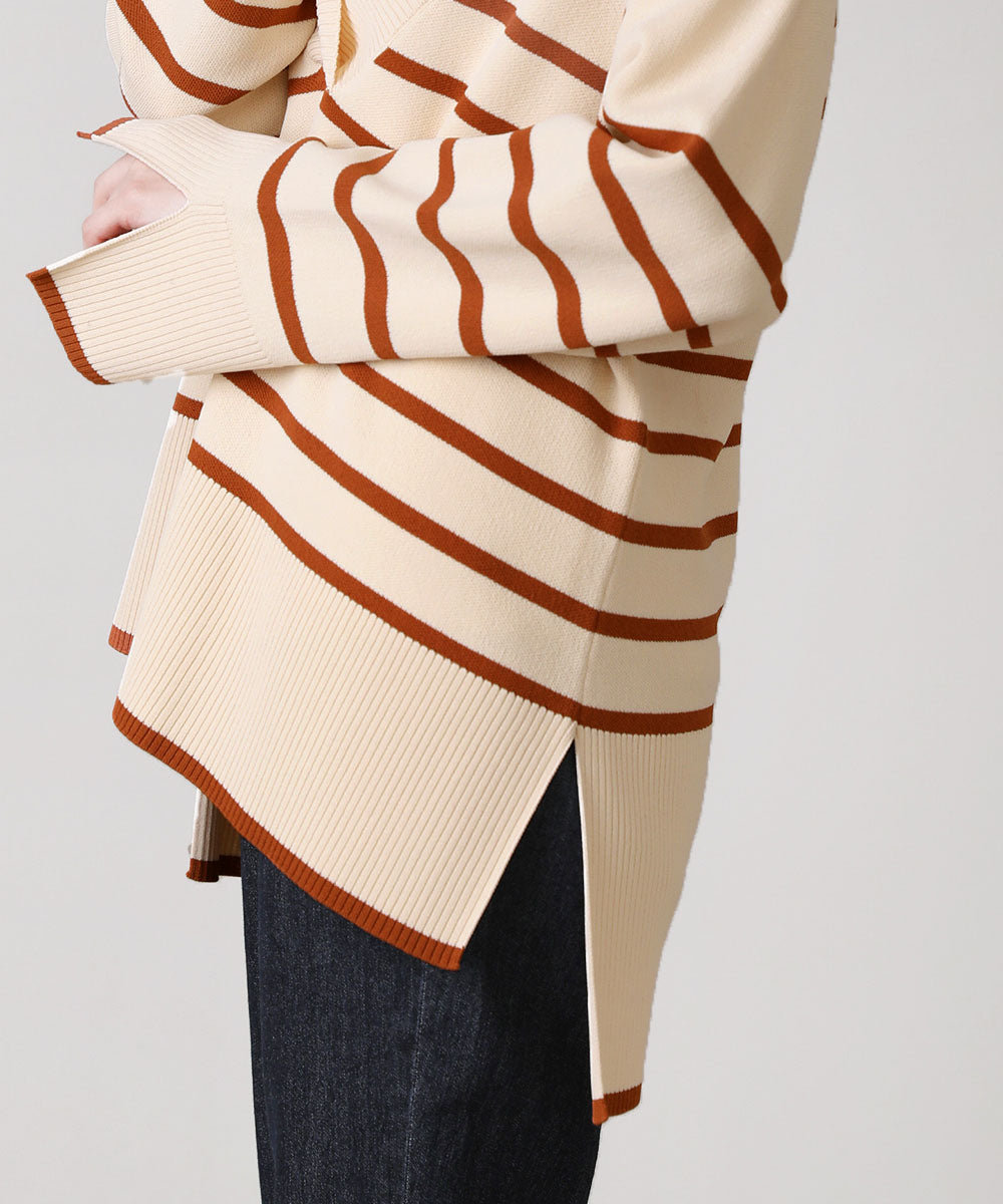 Vネックボーダーニットトップス