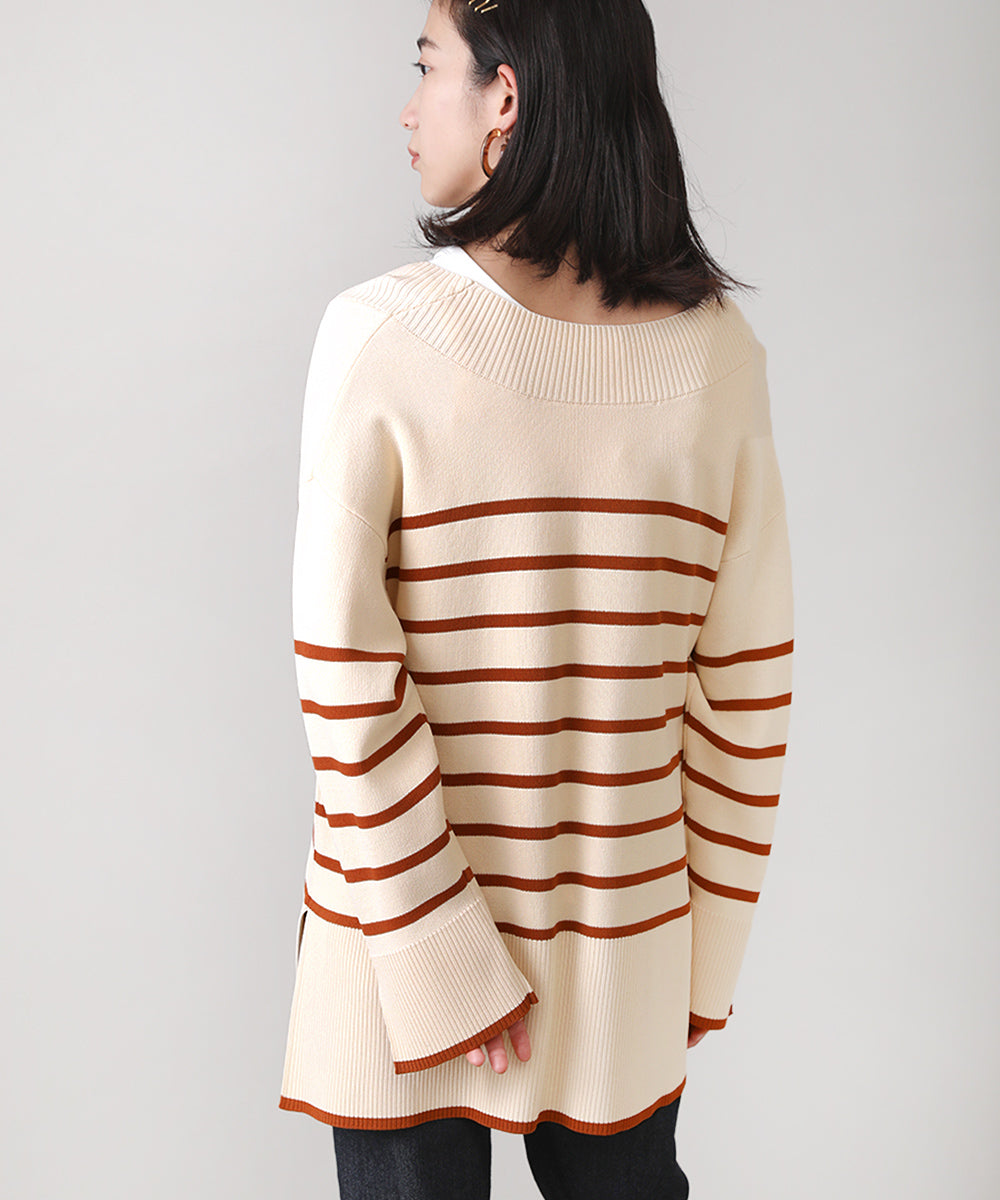 Vネックボーダーニットトップス