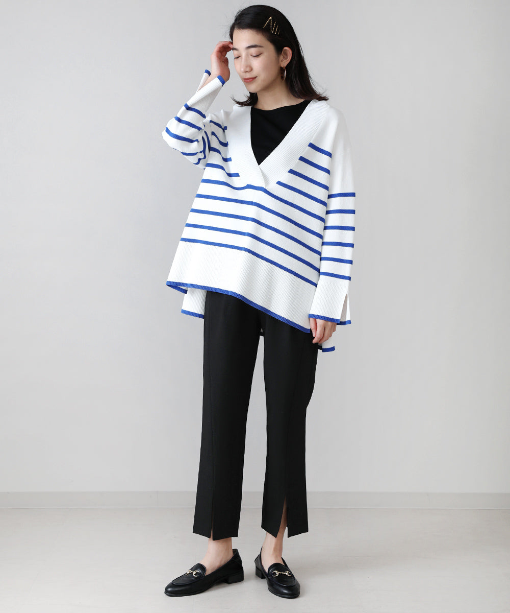Vネックボーダーニットトップス
