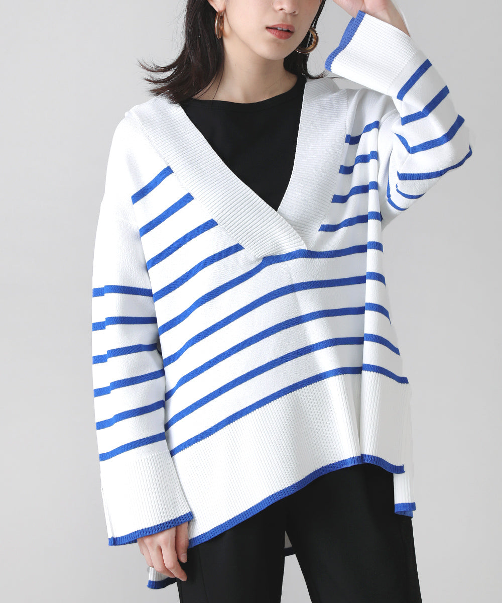 Vネックボーダーニットトップス