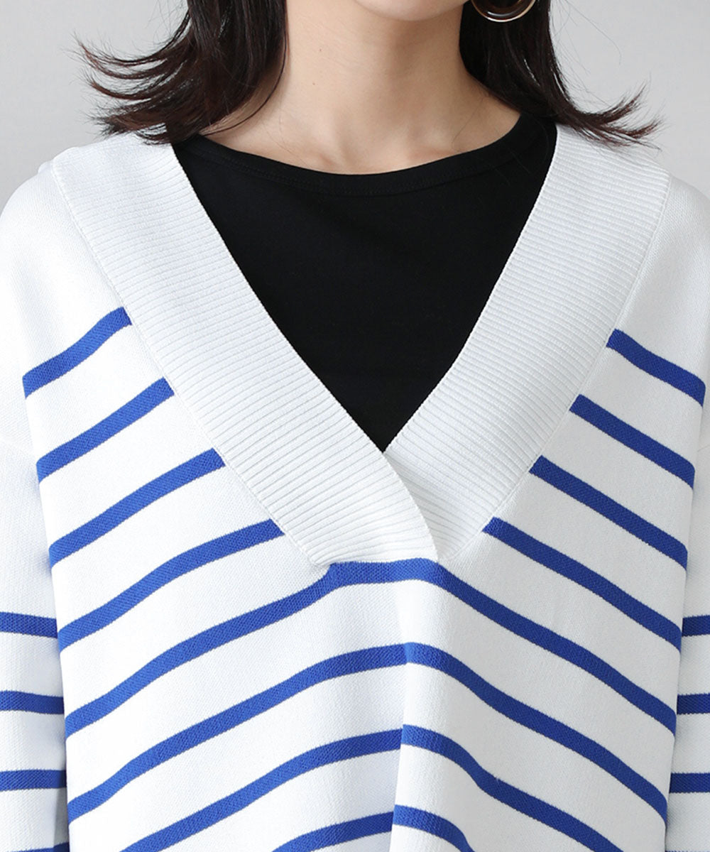 Vネックボーダーニットトップス