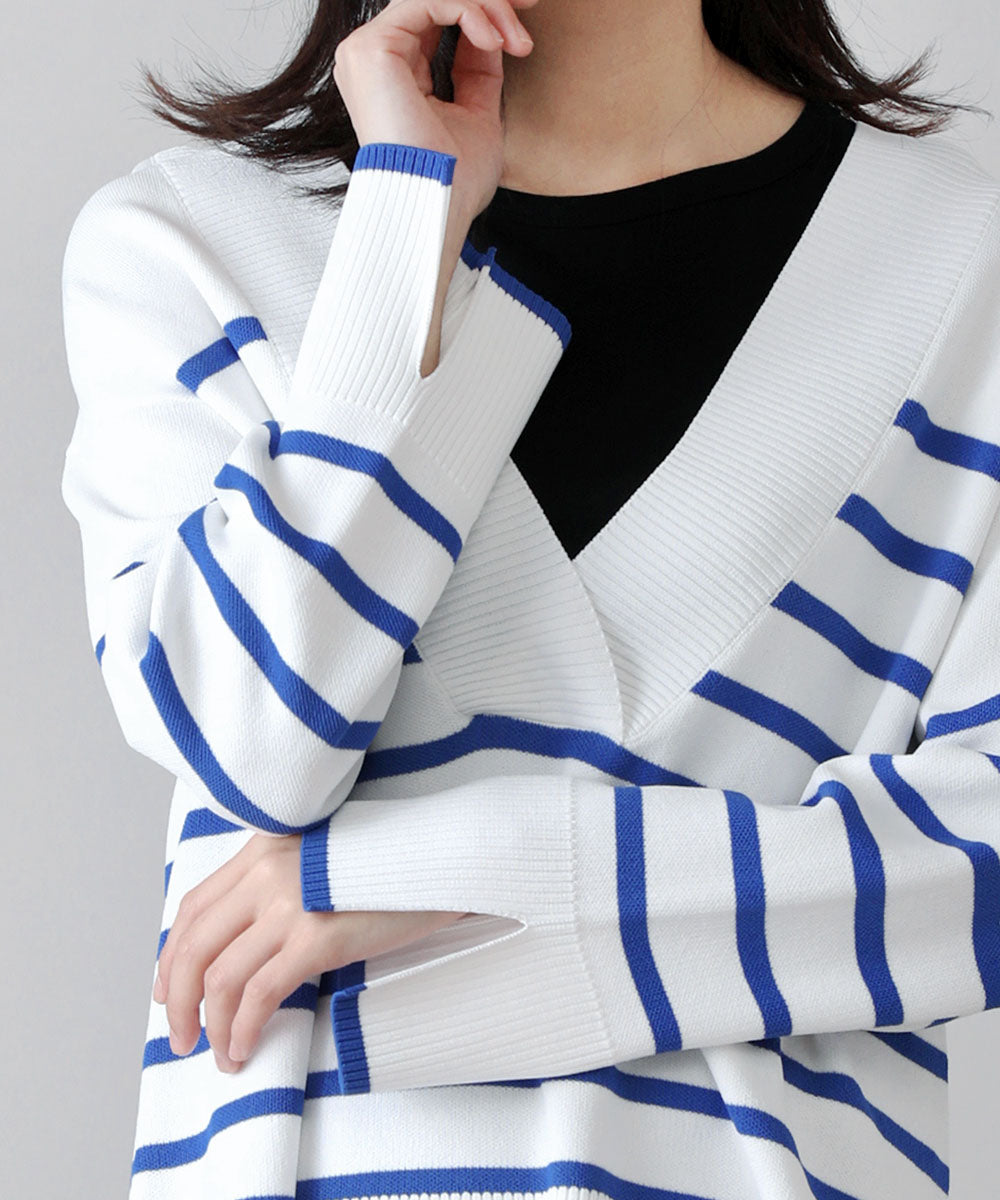 Vネックボーダーニットトップス